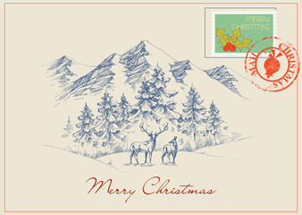 Christmas postcard in vintage style. Winter scene, mountains and forest background