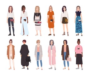 Obraz premium Collection of young women dressed in trendy clothes isolated on white background. Set of girls wearing stylish apparel. Bundle of street style outfits. Flat cartoon colorful vector illustration.