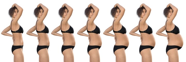 Woman With Different Stages Of Pregnancy - Pregnancy Stages set.