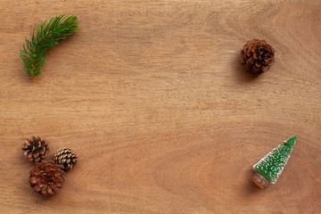 Christmas decoration object on wooden table. concept of christmas holiday celebration and new year. Top view and Copy space