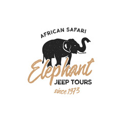 Adventure logo design. Jeep tours badge template. Elephant symbol included. Vintage hand drawn silhouette shape of elephant. Stock illustration isolated on white background
