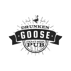 Vintage craft beer pub label. Drunken goose brewery retro design element. Hand drawn emblem for bar and pub. Business signs template, logo, identity object. Stock isolate on white background