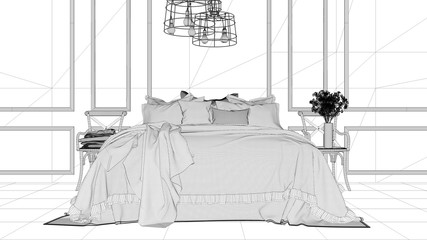 Interior design project, black and white ink sketch, architecture blueprint showing vintage classic bedroom with soft bed full of pillows and blankets. Contemporary architecture