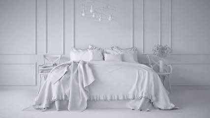 Total white project of vintage classic bedroom with soft bed full of pillows and blankets, white molded wall, wooden side chairs, elegant interior design