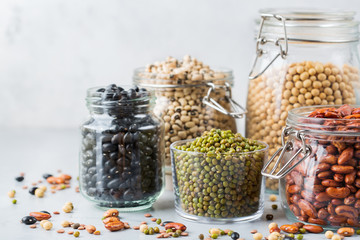 Assortment of vegan protein source food, legumes, lentils, chickpeas, beans