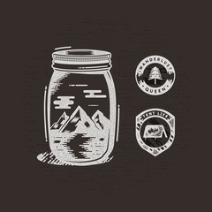 Vintage hand drawn camping badges and patches. Mountains and river in jar in retro textured style. Adventure pathces - wanderlust queen and tent life labels. Stock isolated on dark