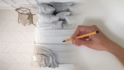 Architect interior designer concept: hand drawing a design interior project while the space becomes real, classic bedroom with soft bed full of pillows and blankets © ArchiVIZ