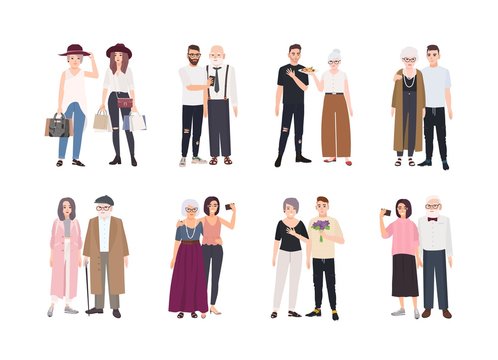 Collection of grandparents and grandchildren standing together. Set of family portraits. Bundle of cute cartoon characters isolated on white background. Colorful vector illustration in flat style.