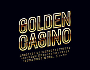 Vector chic Logo Golden Casino. Rotated bright Font. Glossy Alphabet Letters, Numbers and Symbols.