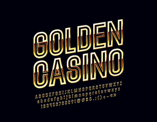 Obraz premium Vector chic Logo Golden Casino. Rotated bright Font. Glossy Alphabet Letters, Numbers and Symbols.