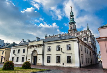Beautiful ancient city office near Town Hall in Zamosc and bright blue sky. Town Zamosc is UNESCO World Heritage List site.