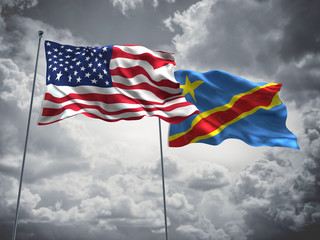 United States of America, USA & Democratic Republic Flags are waving in the sky with dark clouds