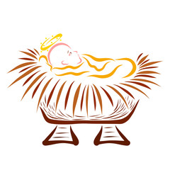 Baby Jesus with a halo above his head, lying in a manger on hay