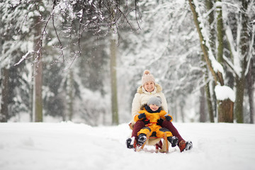 Little boy and mother/grandmother/nanny sliding in the Park during a snowfall