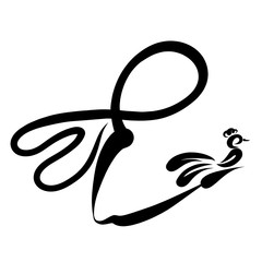 The girl with a tail in the shape of a heart holds a bird in her hand, an abstract image that looks like a letter