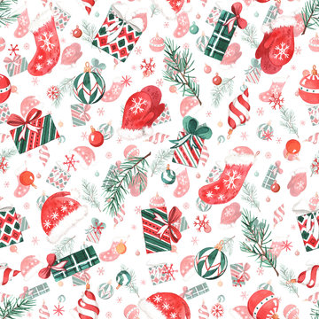 The pattern with watercolors New Year's decorations, gifts and sweets.
