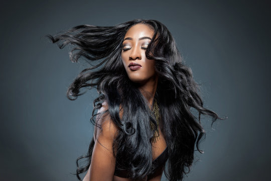Black woman with long luxurious shiny hair