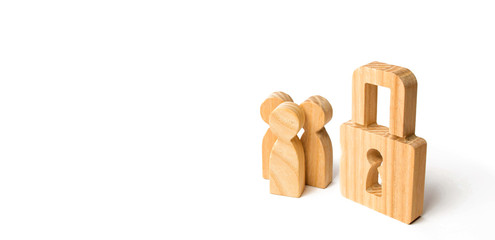 Three people with a lock. Wooden people with padlocks. Security and safety, collateral, loan for a mortgage. Confiscation of property for debts. Safety and alarm system. Security service.