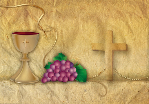 Card Christian symbols with 3d chalice and grapes with golden ornaments