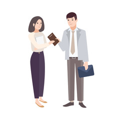 Smiling man giving notepad to woman. Pair of office workers, managers, colleagues or business partners isolated on white background. Colorful vector illustration in modern flat cartoon style.