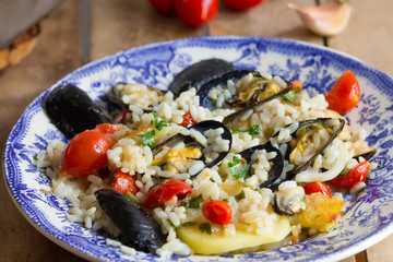 Rice, potatoes and mussels, traditional apulian dish, italian cuisine, Bari, close up