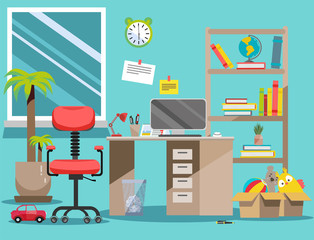 Interior nursery. Boy's room with table, computer, bookshelf,toys in boxes. Flat cartoon vector illustration.Cozy interior of children's room with toys, furniture, window. Teenager room with workplace