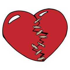 Broken heart of two halves. Hand drawn collected red heart from pieces. Stitched heart with the help of thread. Vector illustration.