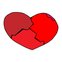 Broken red heart from several pieces. The collected heart from pieces. Vector illustration.