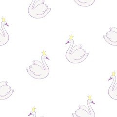 Seamless pattern with white swans. White swans on pink background. Vector illustration.