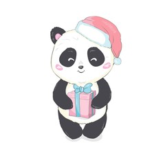 Cute panda in Santa's hat in red bag with gifts vector image isolated. Cartoon panda bear gets out of Santa Claus's sack. Funny bearcat Children's Xmas design. Merry Christmas and Happy New Year mood.
