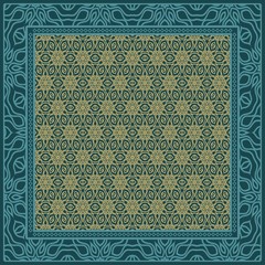 Template Print for Fabric. Pattern of floral geometric ornament with Border. illustration. Seamless. For Print Bandana, Shawl, Carpet