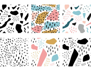 Geometric memphis abstract seamless patterns set. Fashion fabric background illustration