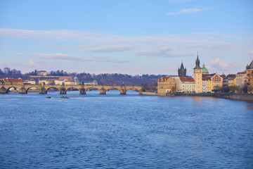 Obraz premium Prague, Czech Republic Beautiful view of the Dvorak embankment, the Vltava river and the old town of Prague. Panorama of the center of Prague, Czech Republic.