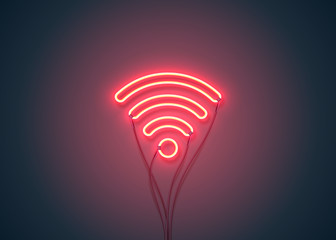 Neon sign. Retro bright neon sign Wifi Hotspot on purple background. Ready for your design, icon, banner. Vector illustration. - obrazy, fototapety, plakaty