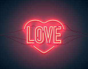 Bright heart. Neon sign. Retro neon heart sign on purple background with word Love. Design element for Happy Valentine's Day. Ready for your design, greeting card, banner. Vector illustration.