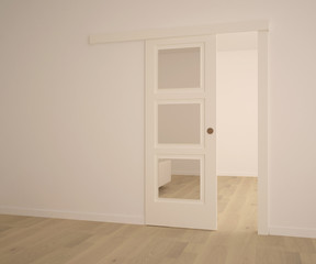 Empty room with sliding door, three mirrors and parquet floor. 3d architecture visualization