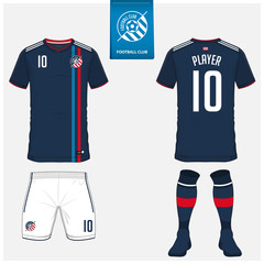 Fototapeta premium Soccer jersey or football kit, shorts, sock, template design for soccer club. Sport t-shirt mock up. Front and back view soccer uniform. Flat football logo design on blue label. Vector Illustration.