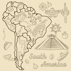 contour drawing coloring on the theme of South America, the continent depicts plants, animals, people living in South America
