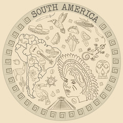 contour drawing_3_coloring on the theme of South America, animals, people, buildings, plants, holidays, map of the continent, circular ornament