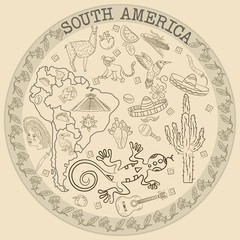 contour drawing_5_coloring on the theme of South America, animals, people, buildings, plants, holidays, map of the continent, circular ornament