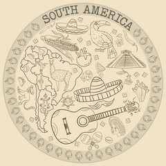 contour drawing_6_coloring on the theme of South America, animals, people, buildings, plants, holidays, map of the continent, circular ornament