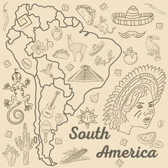 contour_1_drawing coloring on the theme of South America, the continent depicts plants, animals, people living in South America