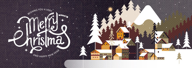 New year and Christmas snowy winter landscape with coniferous forest, pines, mountains, cottages and hand drawn Merry Christmas typography . Celebration quotation for poster, card, postcard, event