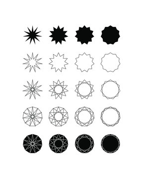 Set of fifteen different styles of eleven pointed star (hendecagram) and hendecagon.