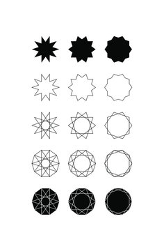 Set of fifteen different styles of ten pointed star (Decagram) and Decagon.