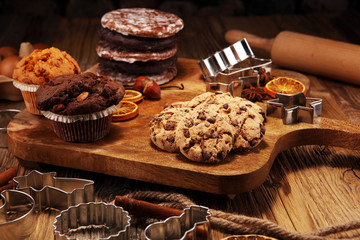 Chocolate cookies on wooden table. Chocolate chip cookies shot