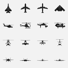 Set of military aircraft flat vector icons.