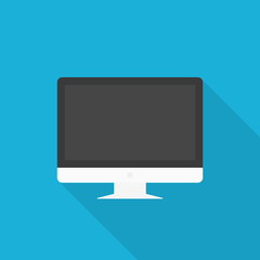 Computer monitor display icon with long shadow on blue background, flat design style