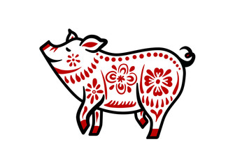 Pig for happy chinese new year celebration in white and red color with dark outline. Vector illustration