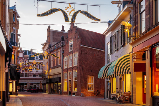 Shopping street with christmas lights in the city center of Zutphen